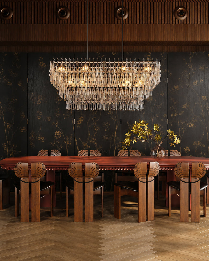 K9 Crystal Multi Tiered Concentric Glass Prism Linear Chandelier - Precision-Cut Crystal, Lux Gold Trim - Kitchen Islands & Dining Rooms