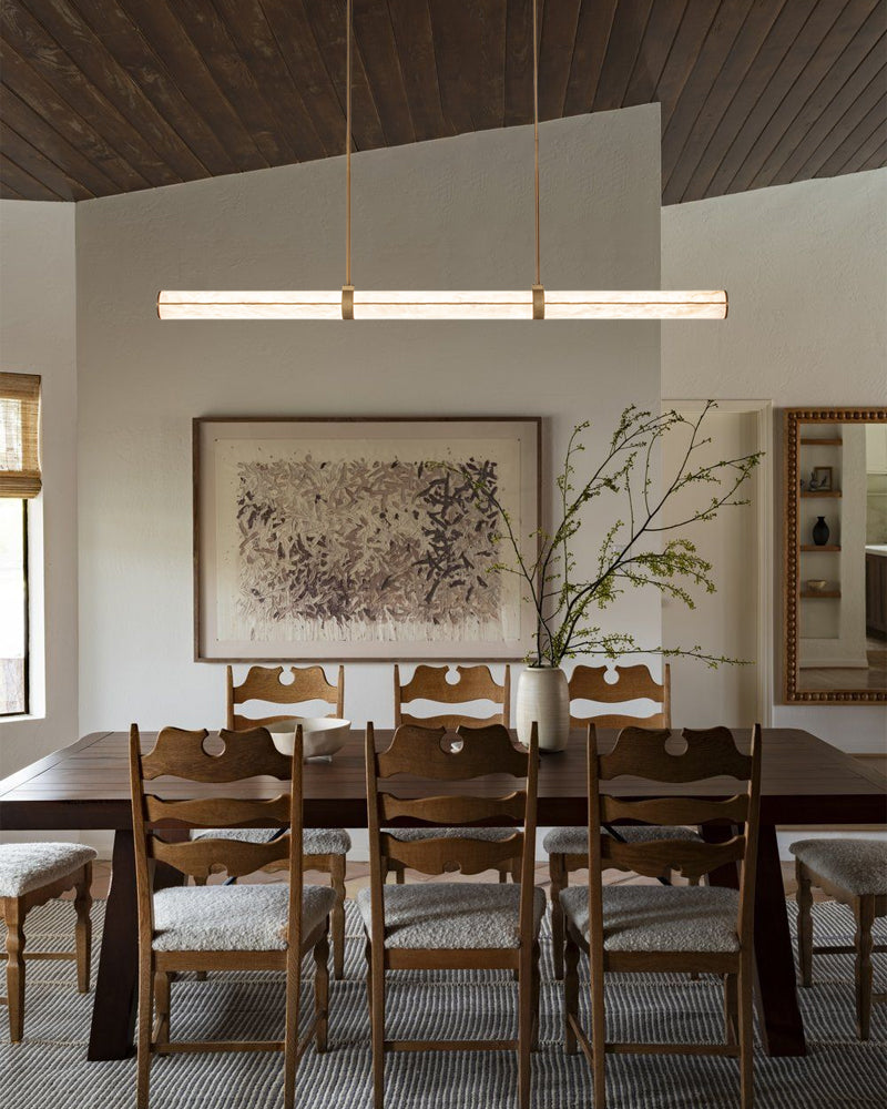 Cora Alabaster Linear Halo Rod Pendant Light - Natural Spanish Alabaster, Lux Gold Trim - Kitchen Islands & Dining Rooms
