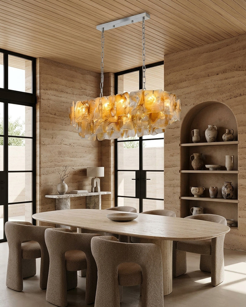 Chiara Murano Glass Contemporary Amber Panel Linear Chandelier - Lux Gold Trim - Kitchen Islands & Dining Rooms