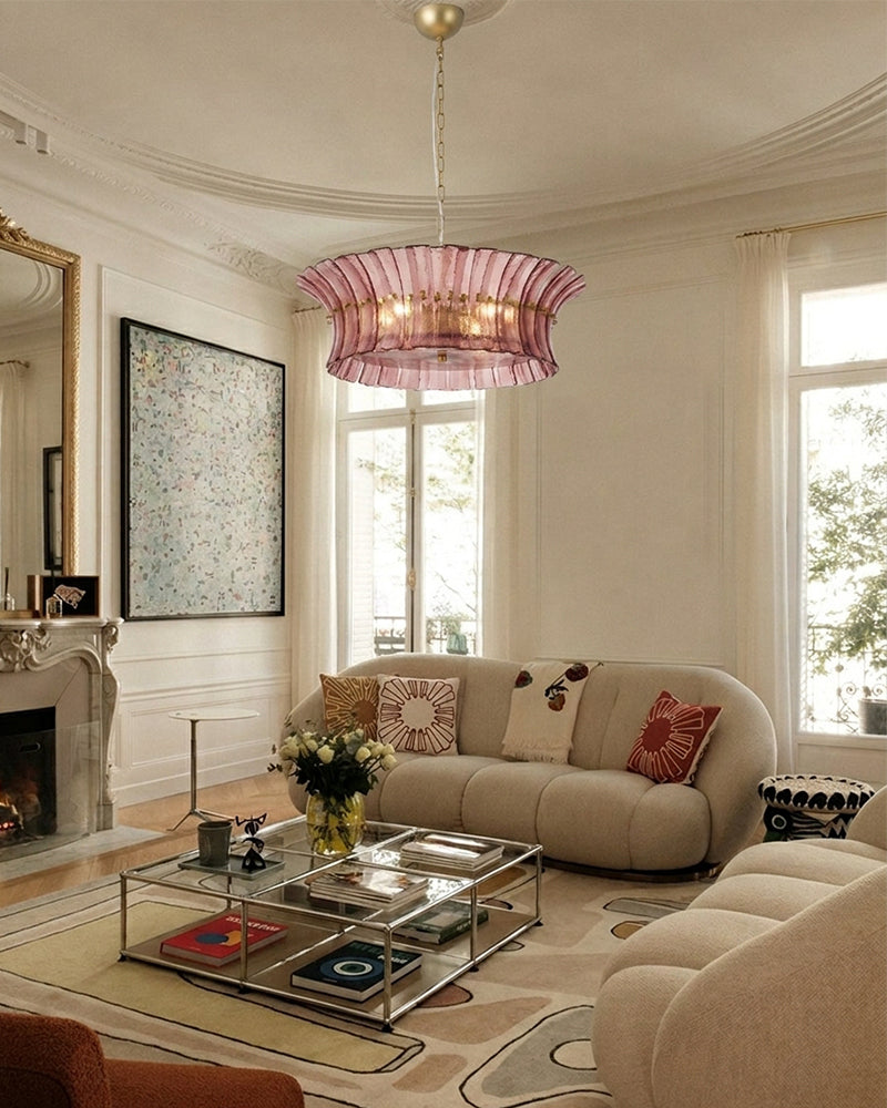 Ghiaccio Glass Blush Pink Prism Multi Tiered Waterfall Chandelier - Heritage Brass Trim - Living Room & Dining Room