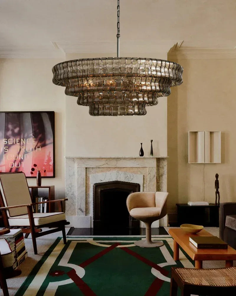 LightsStory Series Ethereal Chandelier | Tiered Round Textured Curved Glass and Aluminum Chain, Plated-Brass or Black Accents for Dining Rooms and Living Areas American chandelier