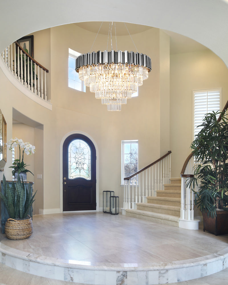 Bordeaux Multi Tiered K9 Crystal Silver Fluted Waterfall Chandelier - Lux Silver Trim - Living Rooms, Dining Rooms & Foyers