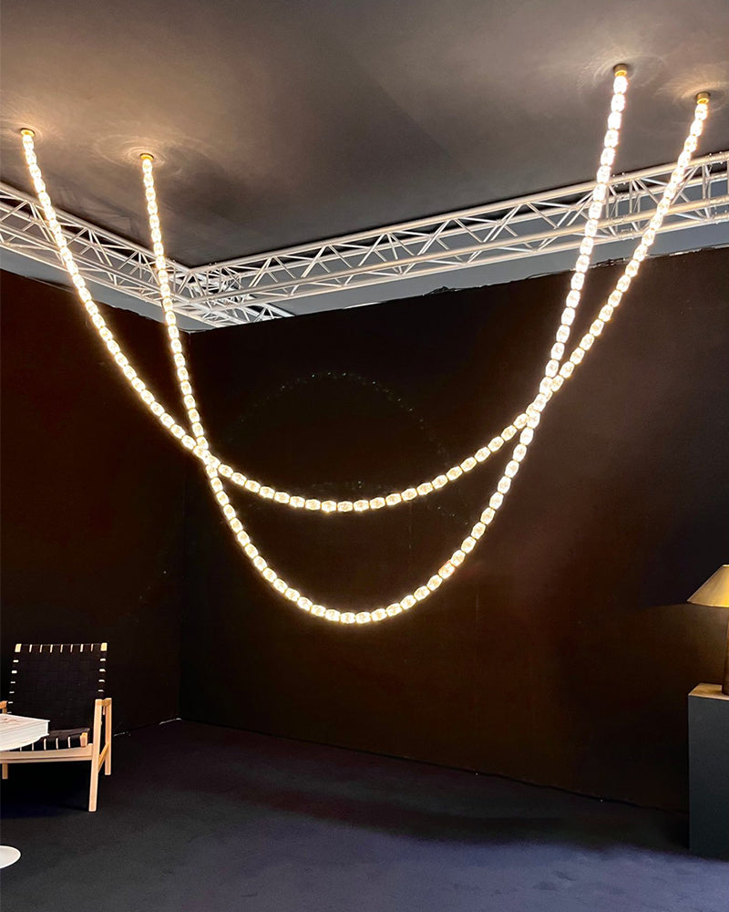 Clairval Glass Bead Rope Hanging Pendant Light - Clear Glass, Lux gold Trim - Lobby, Living Rooms & High Ceilings