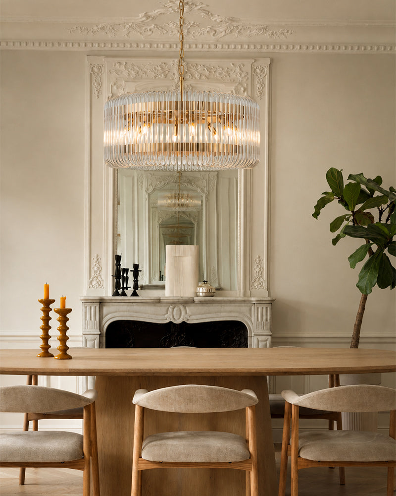 Solstice Aura Fluted Glass Round Drum Pendant Light - Lux Gold Trim - Living Rooms & Dining Rooms