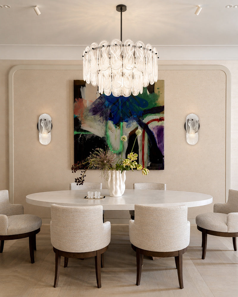 Etienne Glass Petal Double Tier Drum Pendant Light - Serene Black Trim - Living Rooms & Dining Rooms