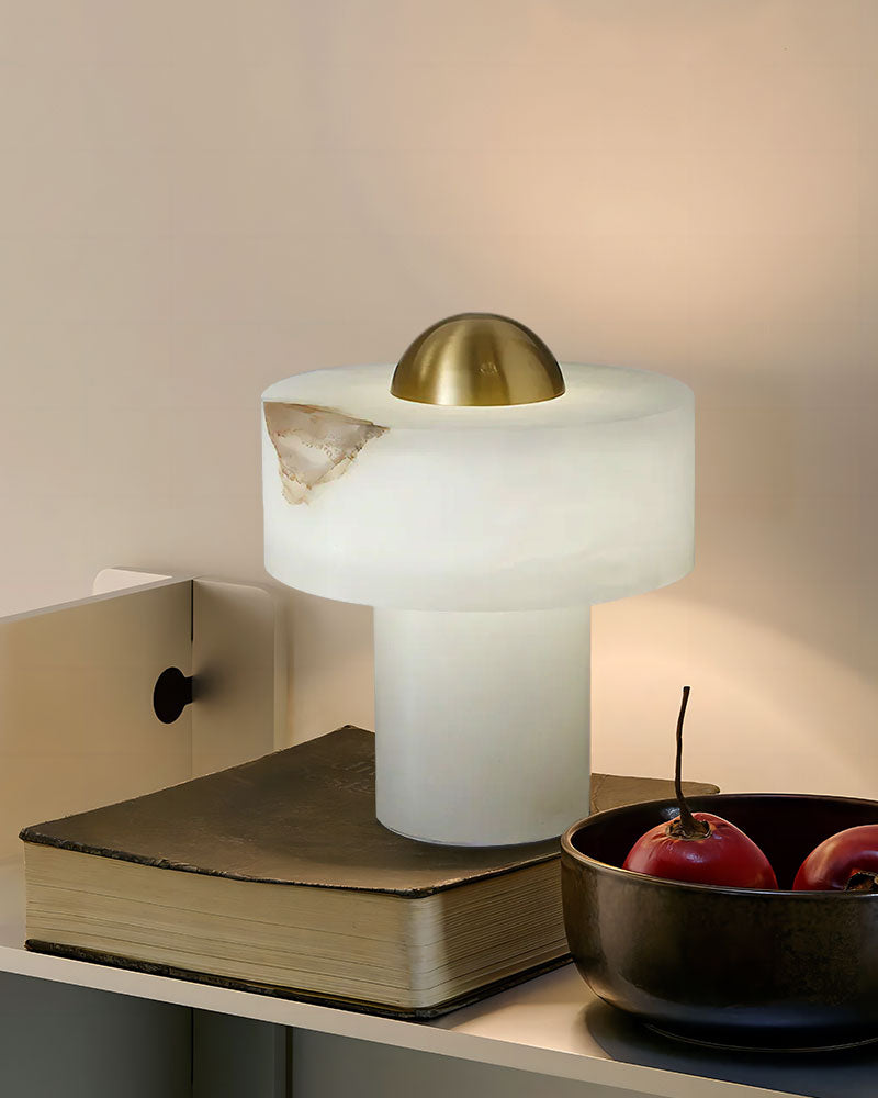 Modern White and Brass Stone Alabaster LED Cosy Table Lamp for bedroom, living room, reading