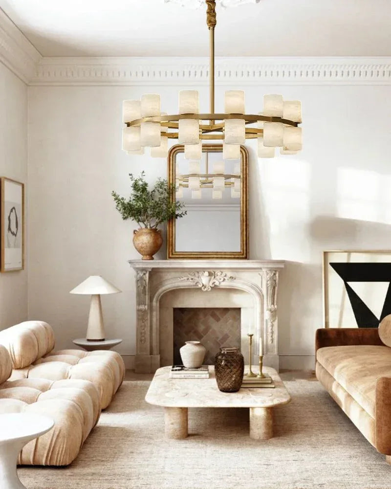 LightsStory Series Geometric Chandelier | Round Brass Hoop Marble-clad brass frame with industrial-chic rods, Polished Brass finish for Soaring foyers and statement dining rooms Modern Pendant lamp