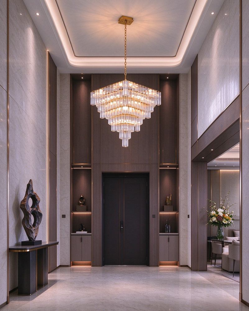 Parisian Cascading Waterfall Crystal Ghiaccio Prism Chandelier - Textured Glass, Lux Gold Trim - Living Rooms, Bedrooms, Dining Rooms