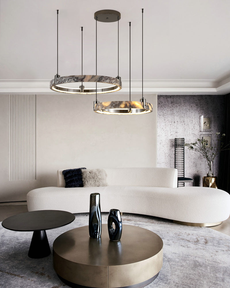 Luxury LED Double/Triple Ring Circle Marble Chandelier Aged Brass/Black Frame American chandelier