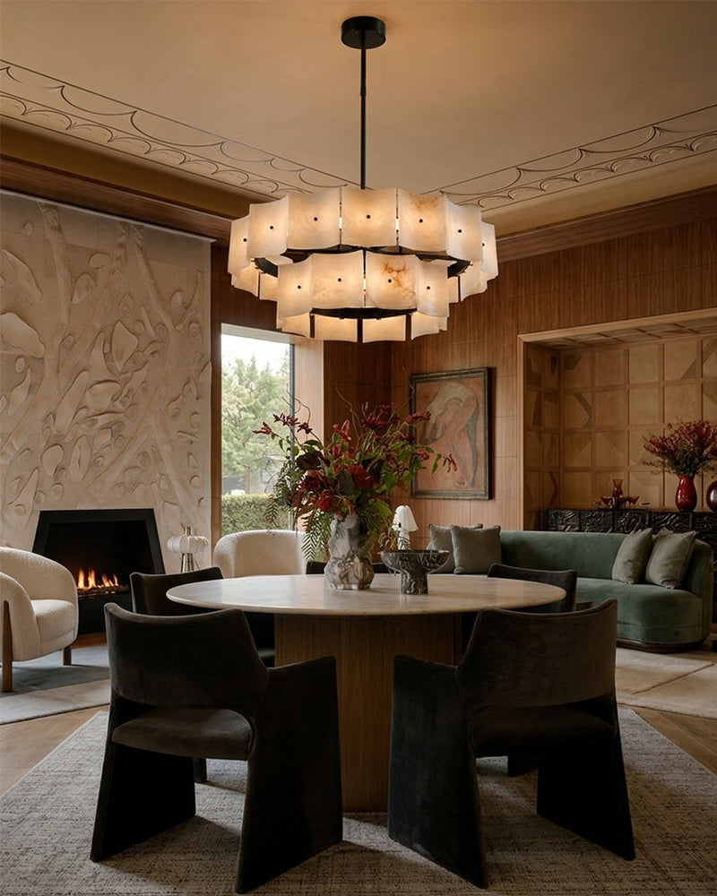 Alabaster Studded Curved Panel Double Tier Drum Chandelier - Natural Spanish Alabaster,  Serene Black Trim - Kitchen, Dining Rooms & Living Rooms