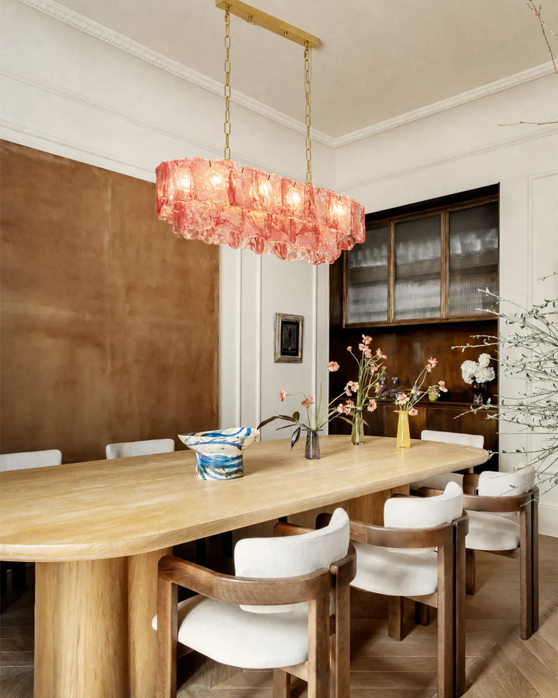 Chiara Murano Glass Contemporary Blush Pink Panel Linear Chandelier - Lux Gold Trim - Kitchen Islands & Dining Rooms