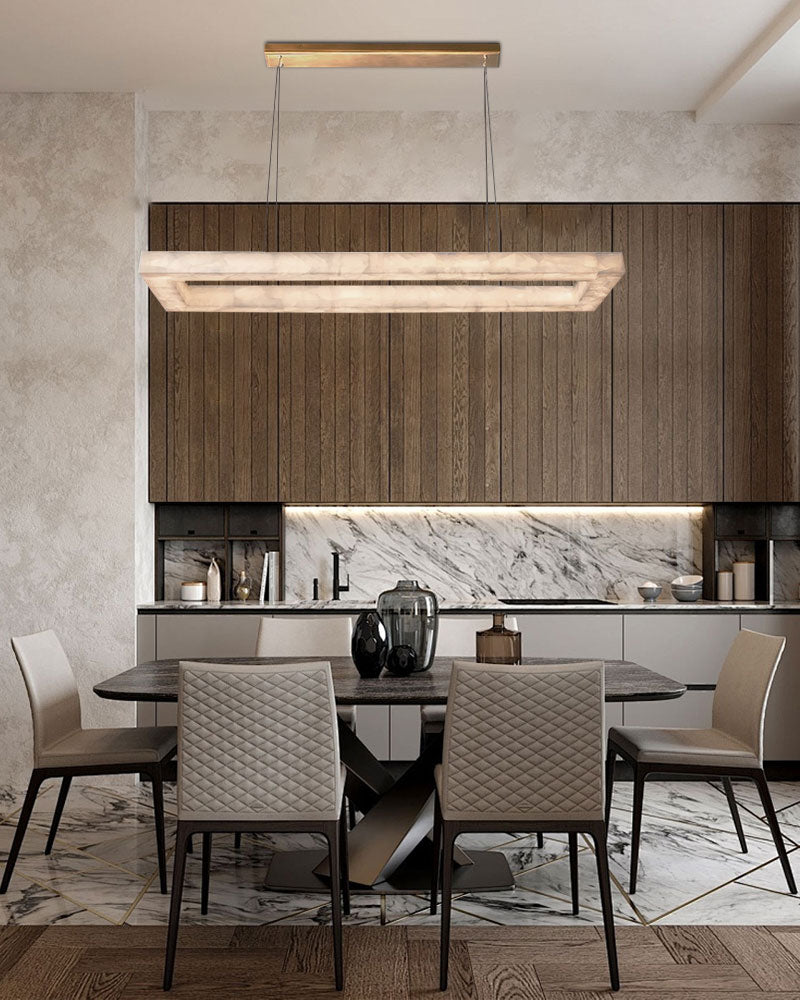 Belleval Alabaster Rectangular Halo Box Frame Linear Pendant Light - Natural Spanish Alabaster Halo, Custom, Serene Matte Trim - Kitchen Islands & Dining Rooms