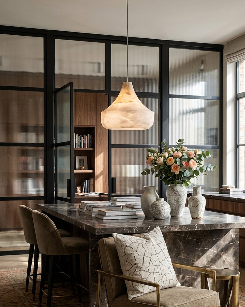 Alabaster Sculptural Tear Drop Pendant Light - Natural Spanish Alabaster, Lux Gold Trim - Kitchens, Dining & Living Rooms