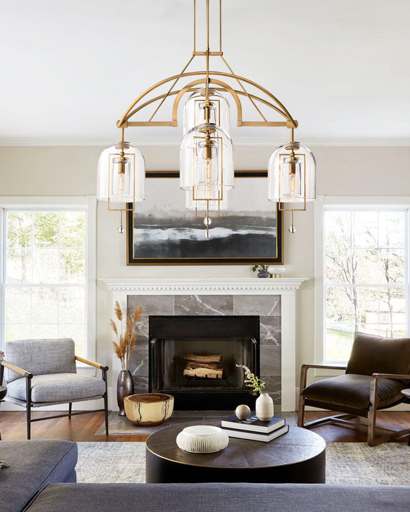 entryway glass chandelier in brass 5-lights