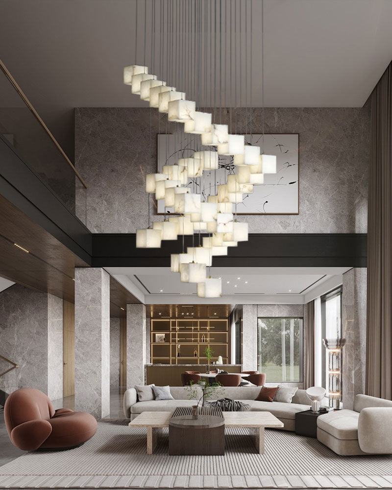 Square Ceiling Chandelier Lamp in White Alabaster Shadow for hall, Living room, Staircase