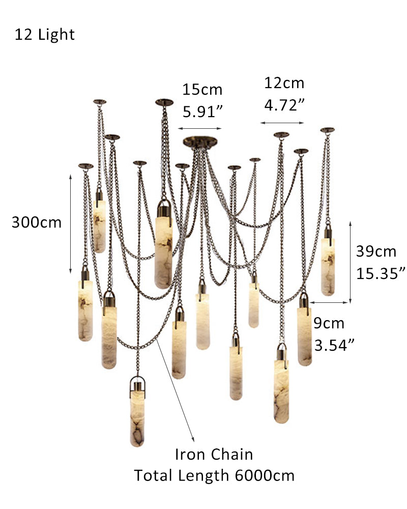 Dimensions of a 9-light brass LED cluster pendant lamp with adjustable iron chain.