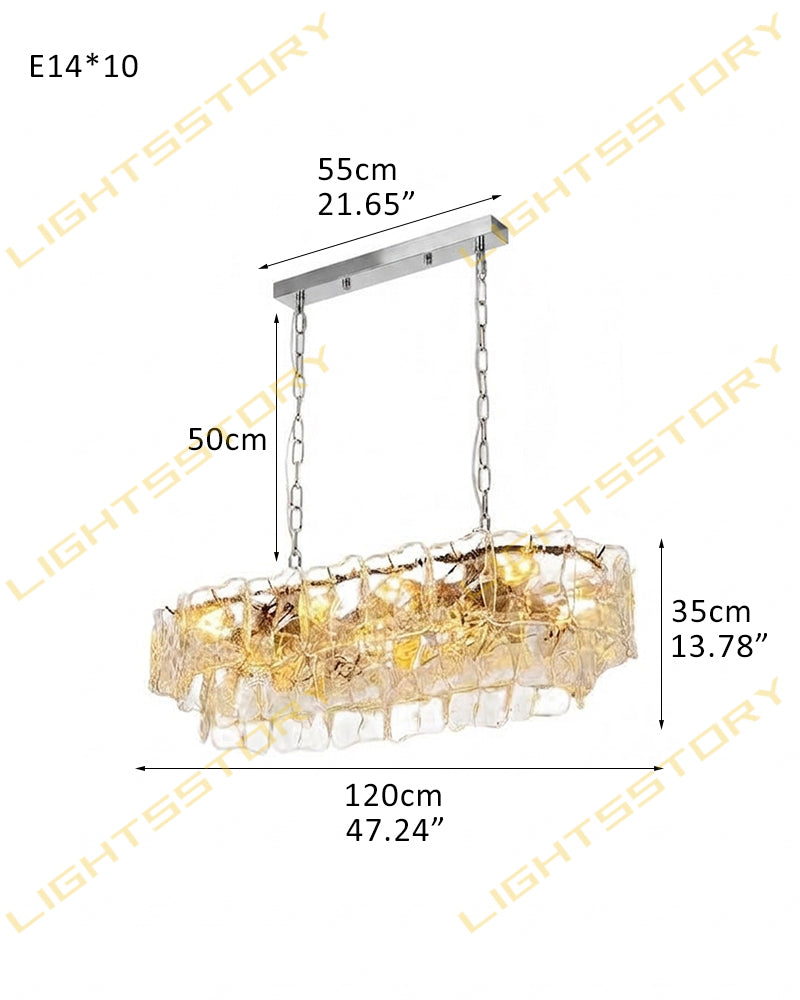 Chiara Murano Glass Contemporary Ghiaccio Panel Linear Chandelier - Lux Gold Trim - Kitchen Islands & Dining Rooms