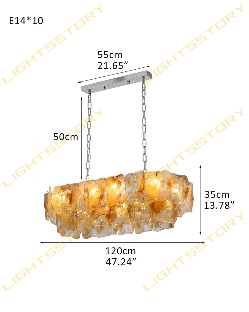Chiara Murano Glass Contemporary Amber Panel Linear Chandelier - Lux Gold Trim - Kitchen Islands & Dining Rooms