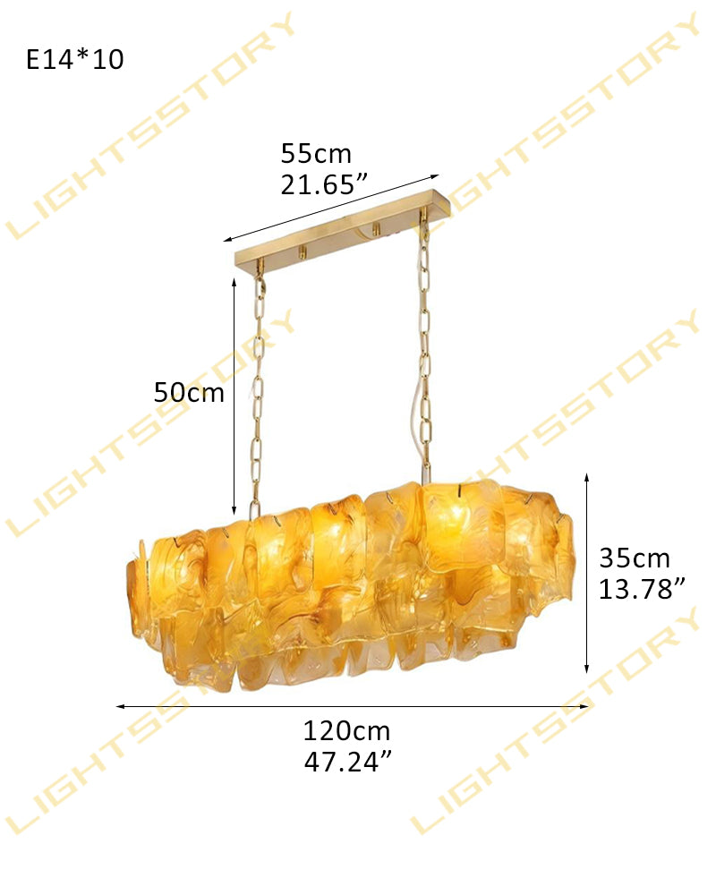 Chiara Murano Glass Contemporary Amber Panel Linear Chandelier - Lux Gold Trim - Kitchen Islands & Dining Rooms