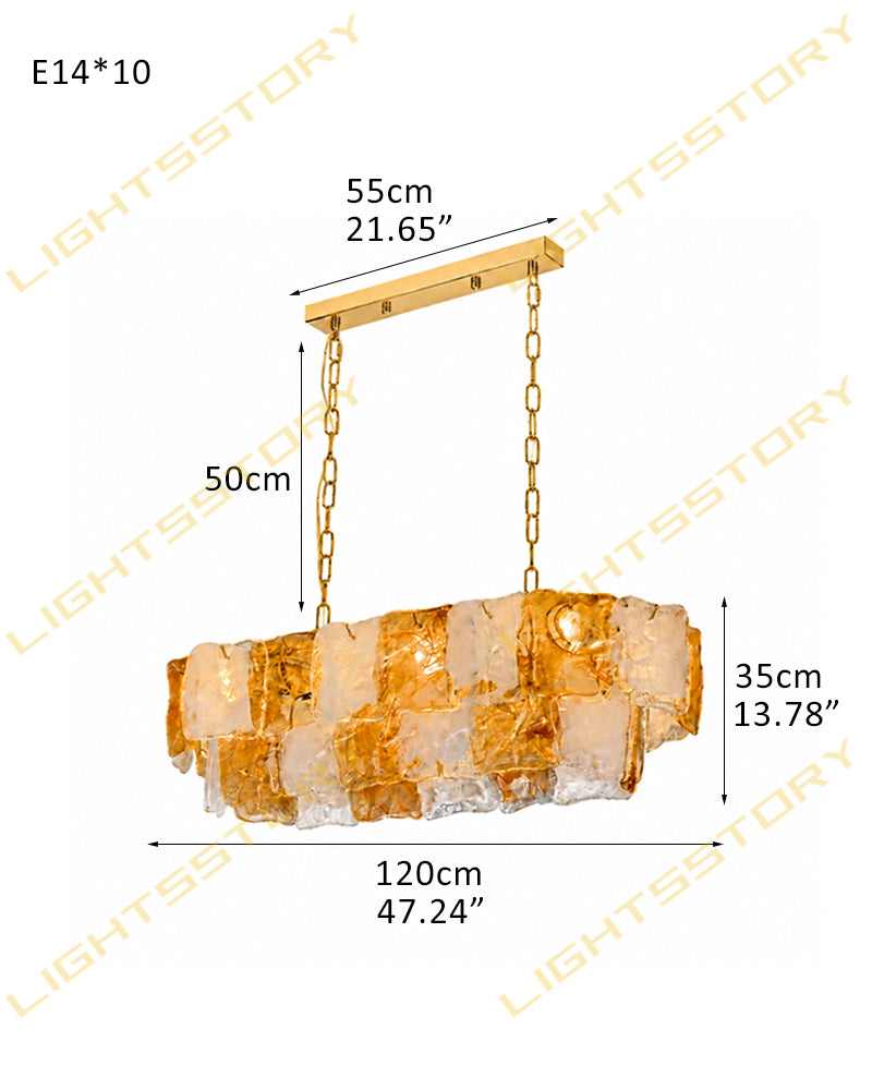 Chiara Murano Glass Contemporary White Amber Panel Linear Chandelier - Lux Gold Trim - Kitchen Islands & Dining Rooms