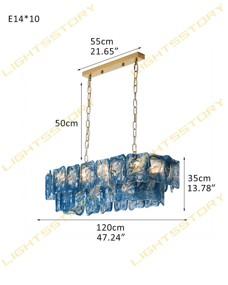 Chiara Murano Glass Contemporary Azure Blue Panel Linear Chandelier - Lux Gold Trim - Kitchen Islands & Dining Rooms