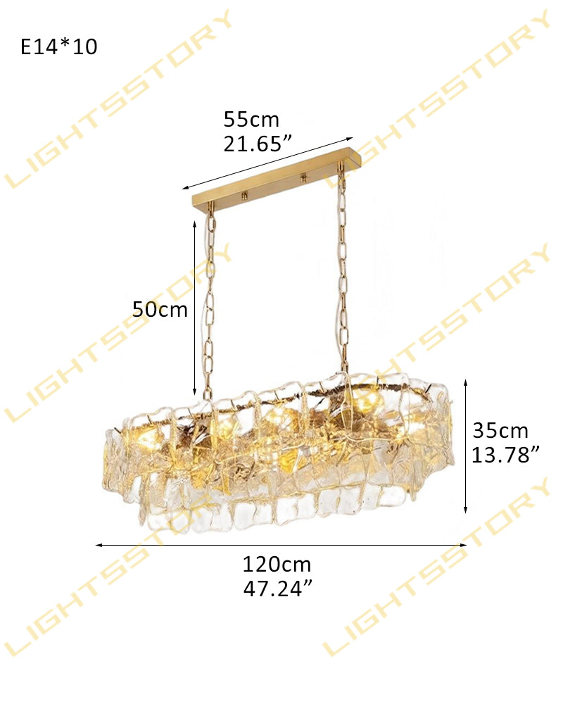 Chiara Murano Glass Contemporary Ghiaccio Panel Linear Chandelier - Lux Gold Trim - Kitchen Islands & Dining Rooms