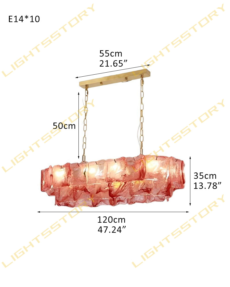 Chiara Murano Glass Contemporary Blush Pink Panel Linear Chandelier - Lux Gold Trim - Kitchen Islands & Dining Rooms