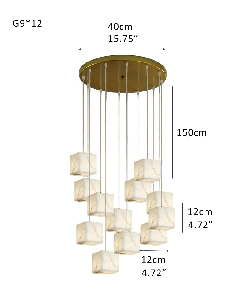 Five-light square chandelier with alabaster cubes, modern decor, 40cm diameter, 150cm height.