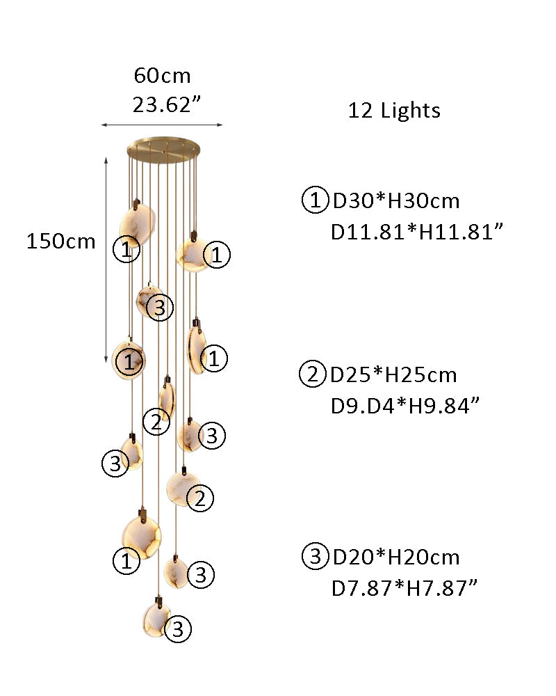 Postmodern LED chandelier dimensions and specifications for staircase or living room.