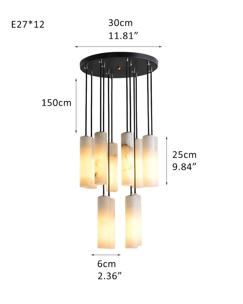 Silo alabaster pendant lamp dimensions for modern interiors with multiple cylinder shapes.