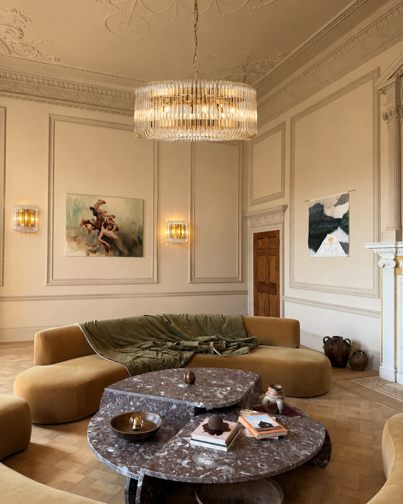 Solstice Aura Fluted Glass Round Drum Pendant Light - Lux Gold Trim - Living Rooms & Dining Rooms
