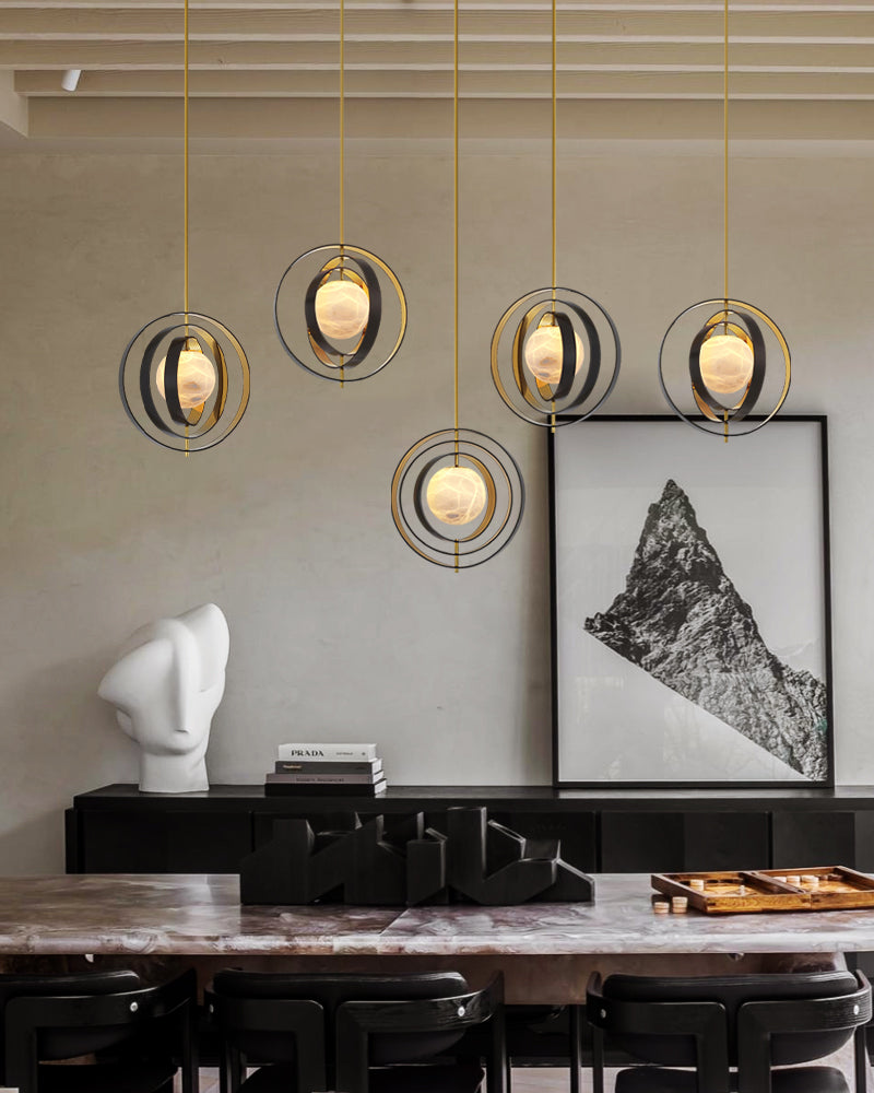 Modern Alabaster Round Chandelier Pearl - Gold & Bronze Rotatable Ring Highlight Finish
