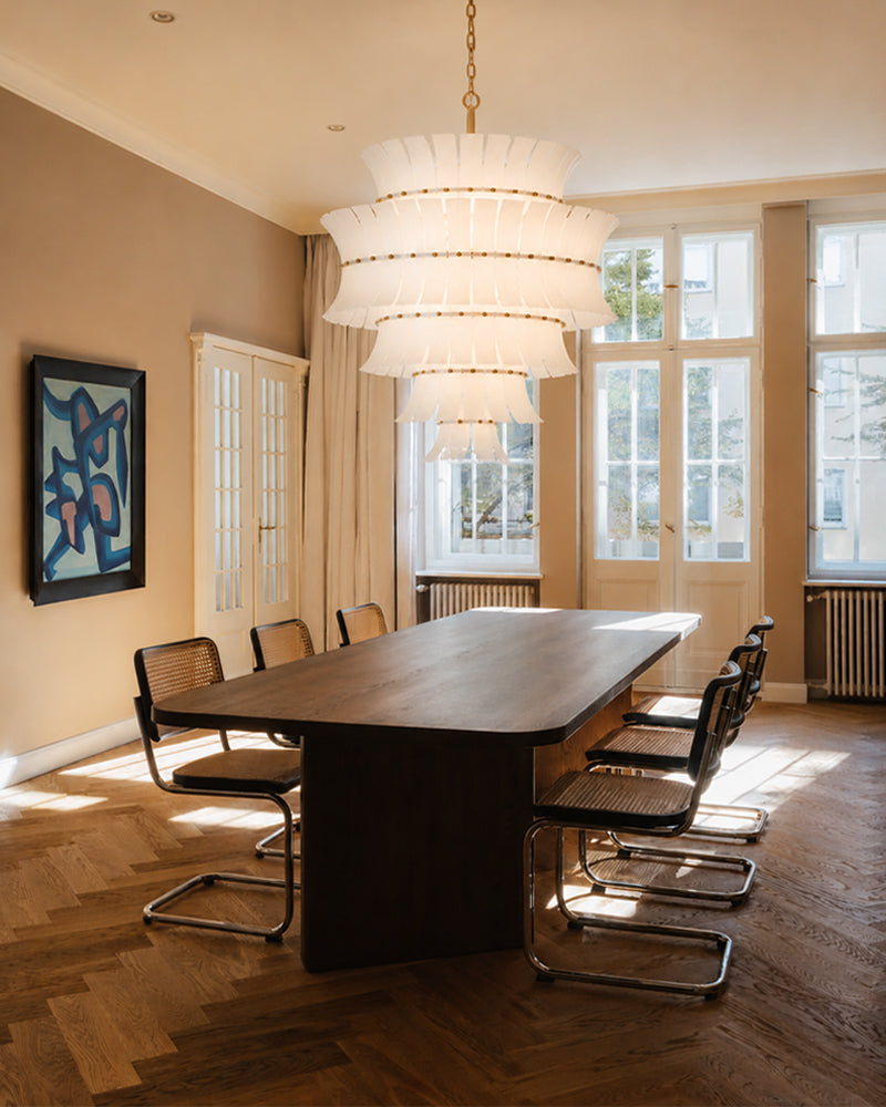 Ghiaccio Glass Ethereal White Multi Tiered Waterfall Chandelier - Heritage Brass Trim - Living Room & Dining Room