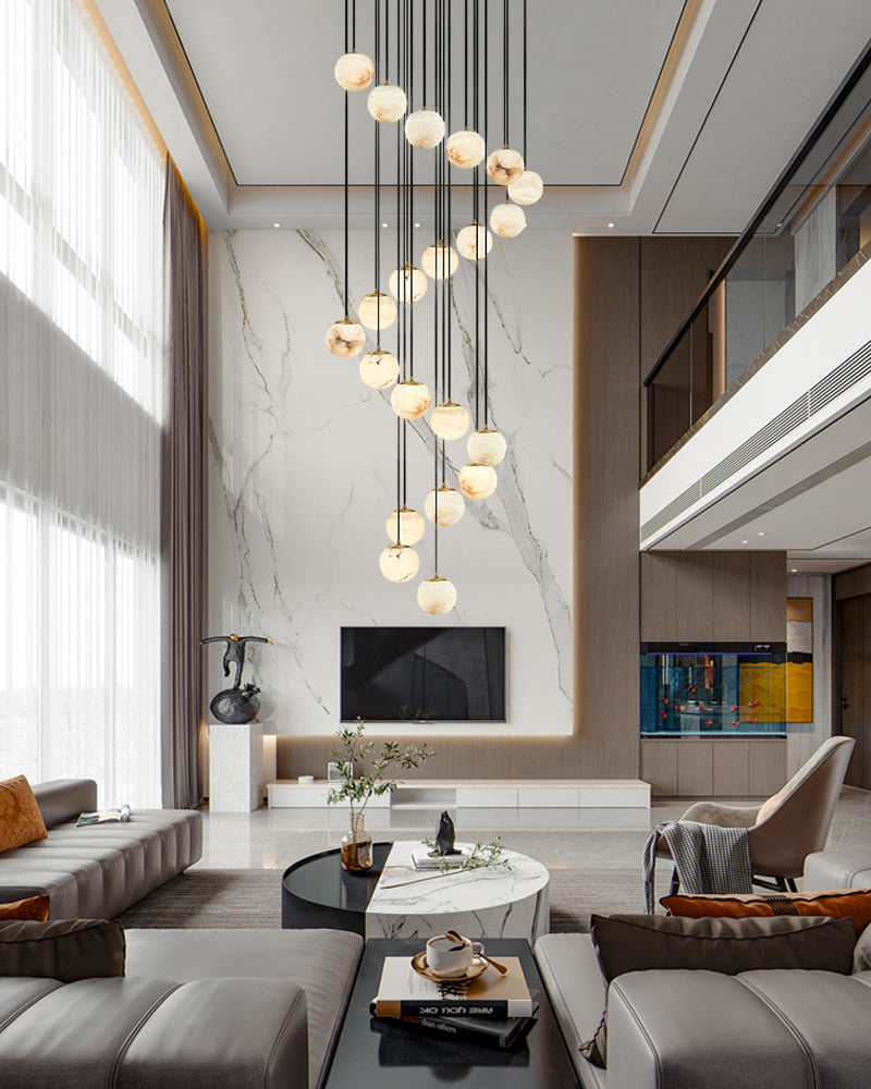 Modern living room with cascading 22-light marble pendant lamp and stylish seating