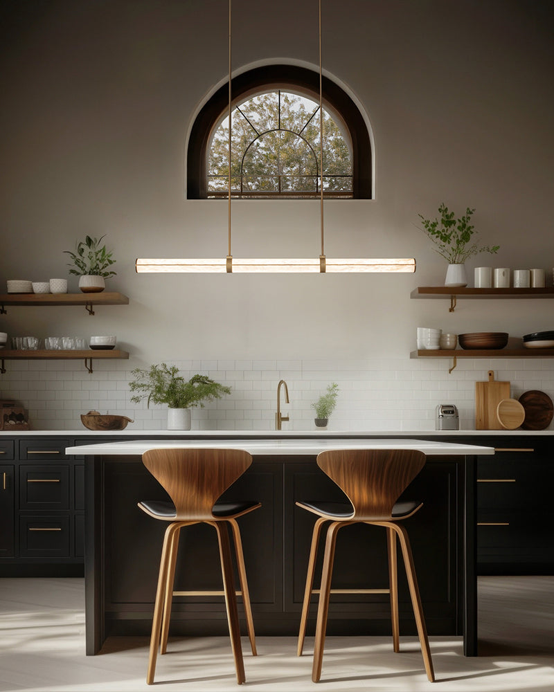 Cora Alabaster Linear Halo Rod Pendant Light - Natural Spanish Alabaster, Lux Gold Trim - Kitchen Islands & Dining Rooms