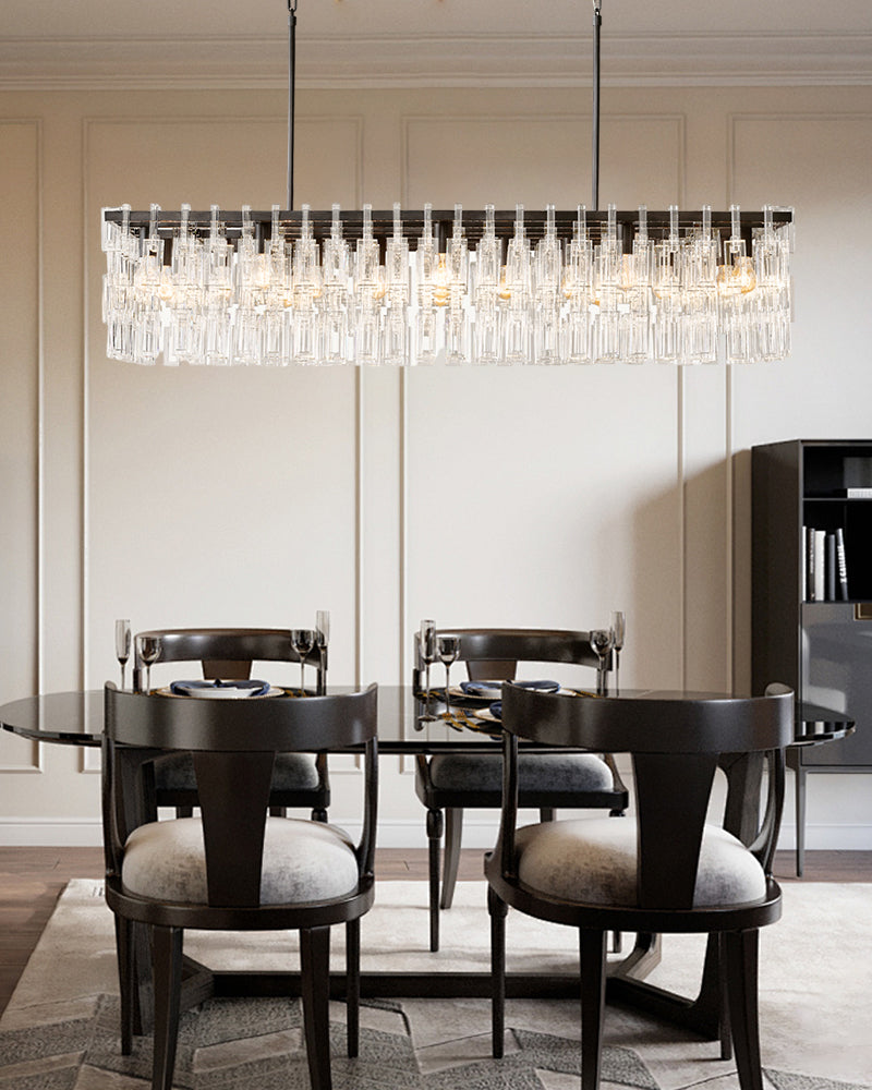 K9 Crystal Multi Tiered Concentric Glass Prism Linear Chandelier - Precision-Cut Crystal, Lux Gold Trim - Kitchen Islands & Dining Rooms