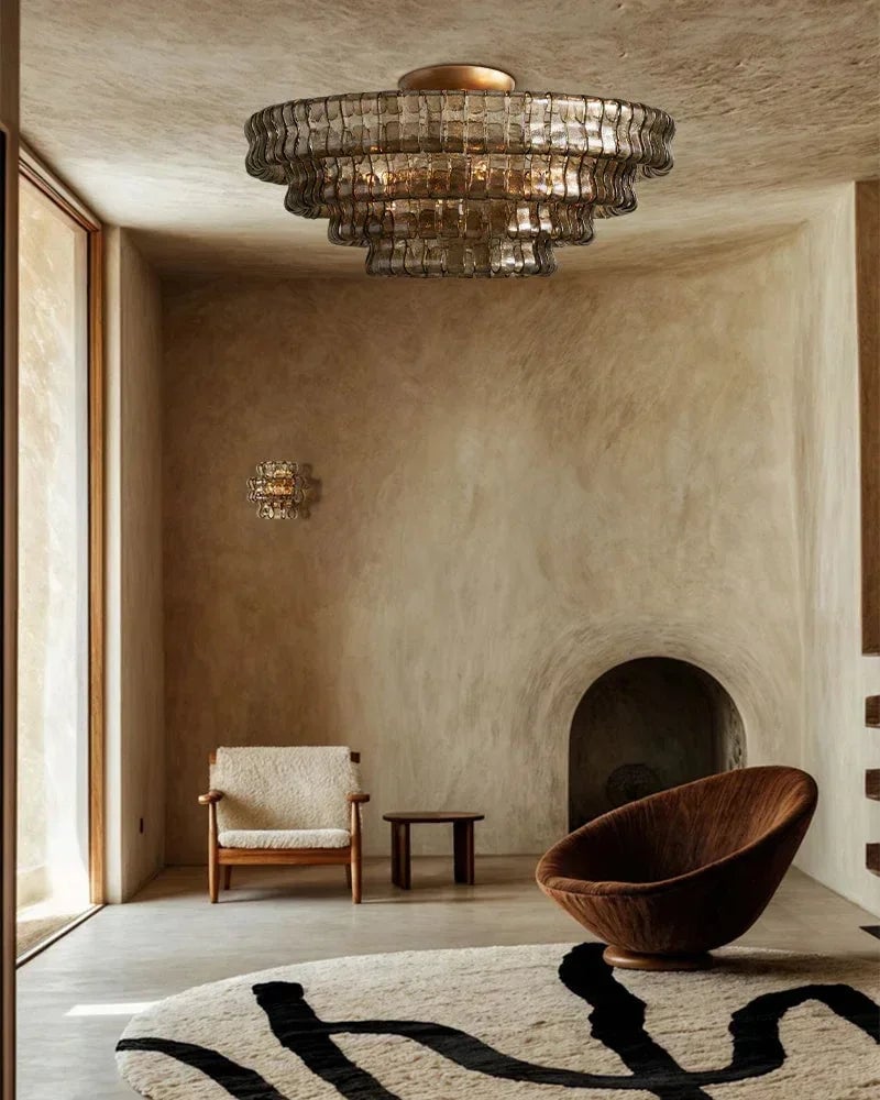 Giverny Series Ethereal Flush Mount Ceiling Light | Multi-Tier Curved Textured Ghiaccio Glass, Plated Brass or Black for Living Rooms, Hallways, and Bedrooms Flush Mounted Ceiling Lamp