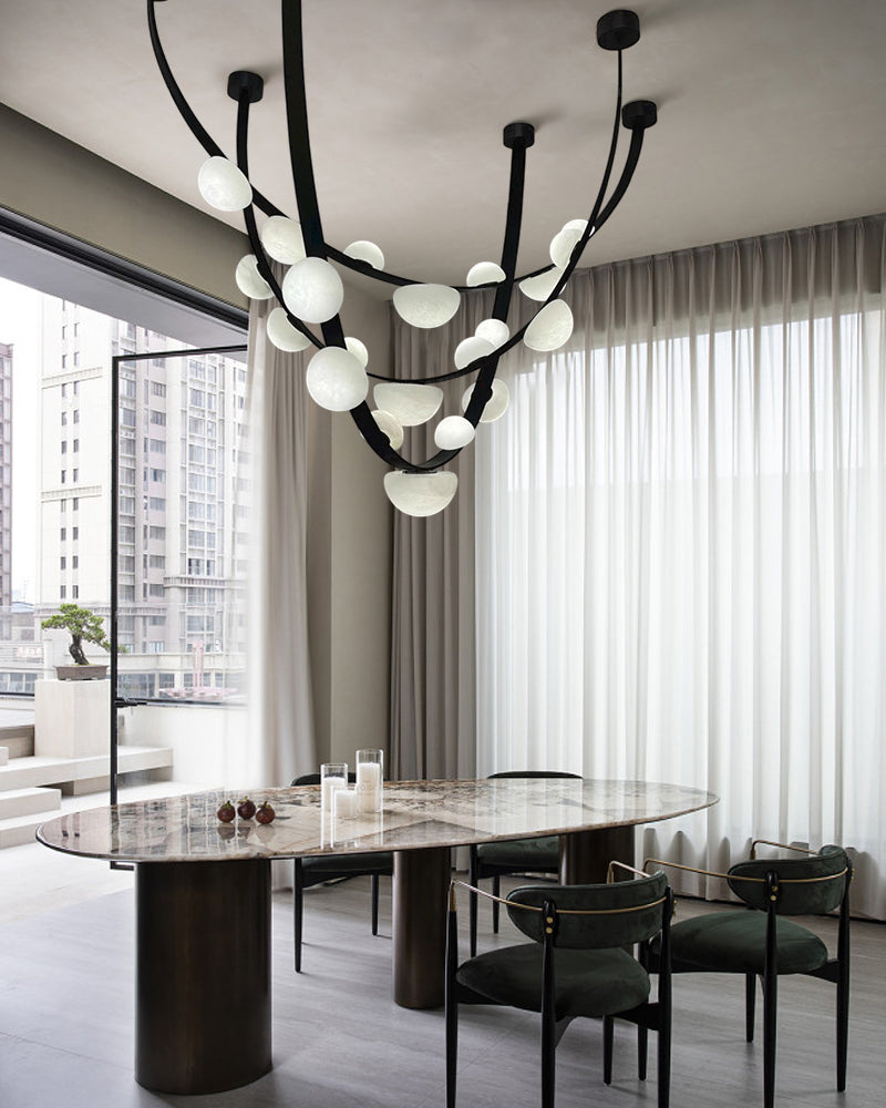 Leather pendant lamps with semicircular marble diffusers on a U-shaped strip metal base