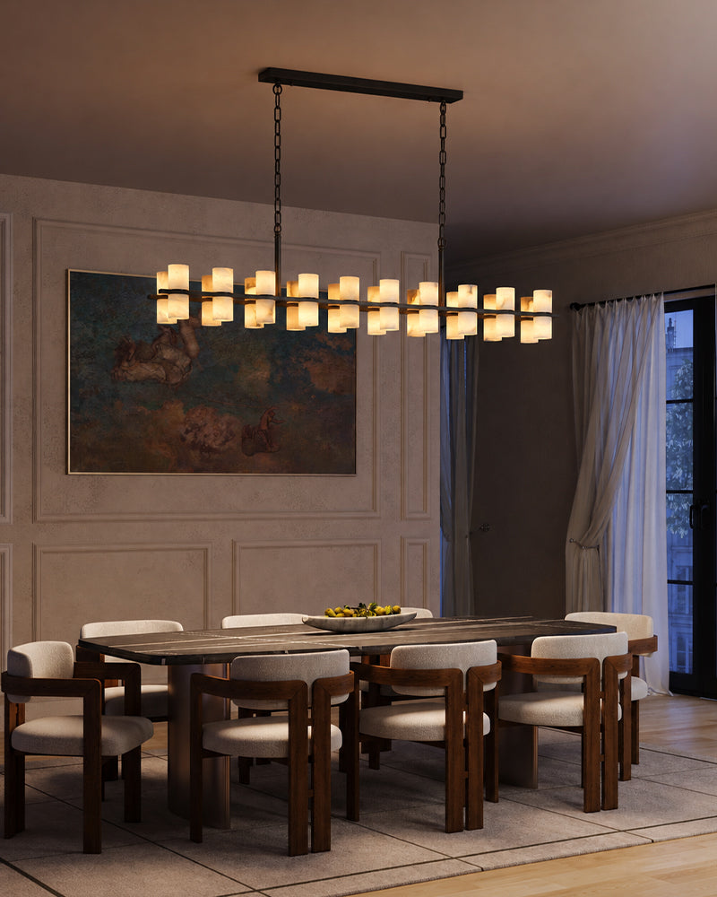 Alabaster Dual Cylinder Candle Column Linear Chandelier - Natural Spanish Alabaster, Heritage Brass Trim - Kitchen Islands & Dining Rooms