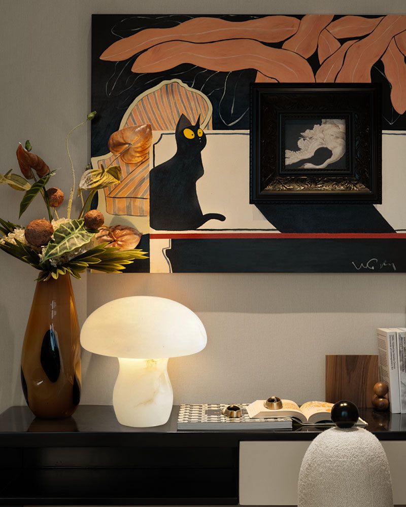 Mushroom table lamp illuminating stylish decor in modern living space.