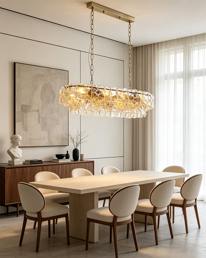 Chiara Murano Glass Contemporary Ghiaccio Panel Linear Chandelier - Lux Gold Trim - Kitchen Islands & Dining Rooms