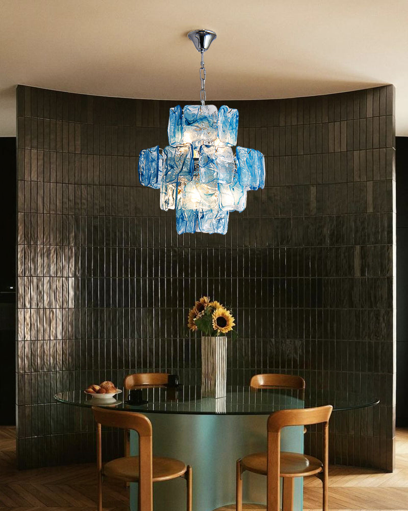 Murano Glass Azure Blue Circular Prism Multi Tiered Waterfall Chandelier - Handblown Glass, Brass Trim - Living Rooms, Dining Rooms & Bedrooms