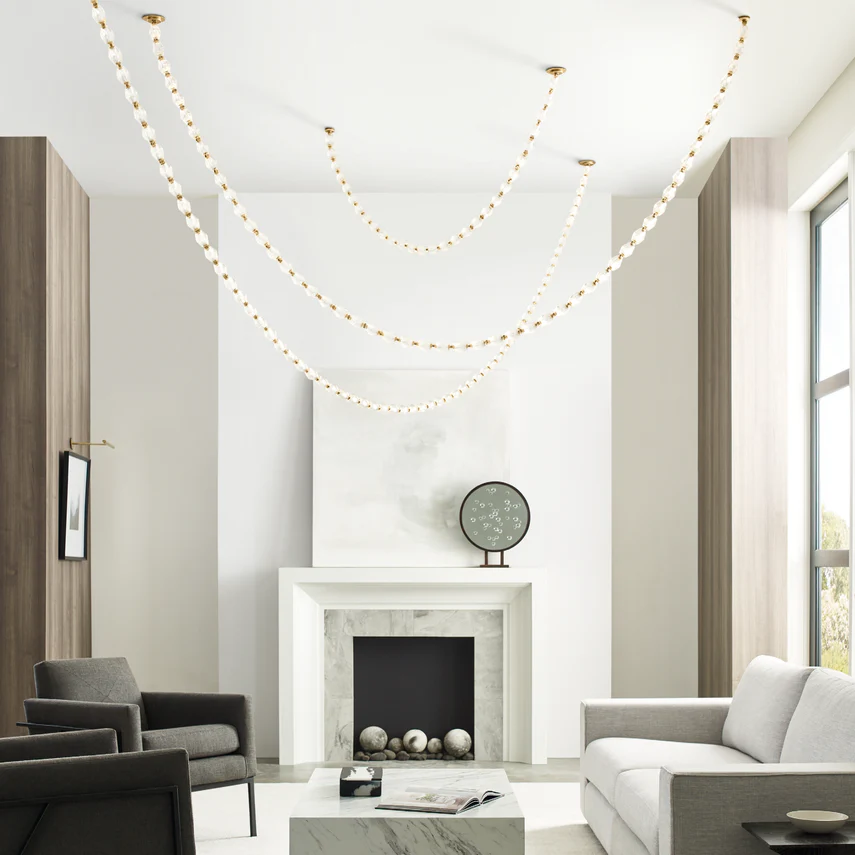 Clairval Glass Bead Rope Hanging Pendant Light - Clear Glass, Lux gold Trim - Lobby, Living Rooms & High Ceilings