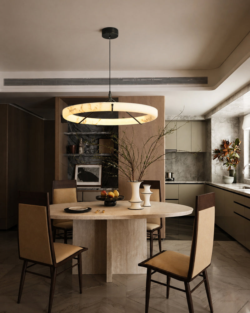 Alabaster Circular Halo Ring Cradled Arch Pendant Light - Natural Spanish Alabaster - Living Rooms & Dining Rooms
