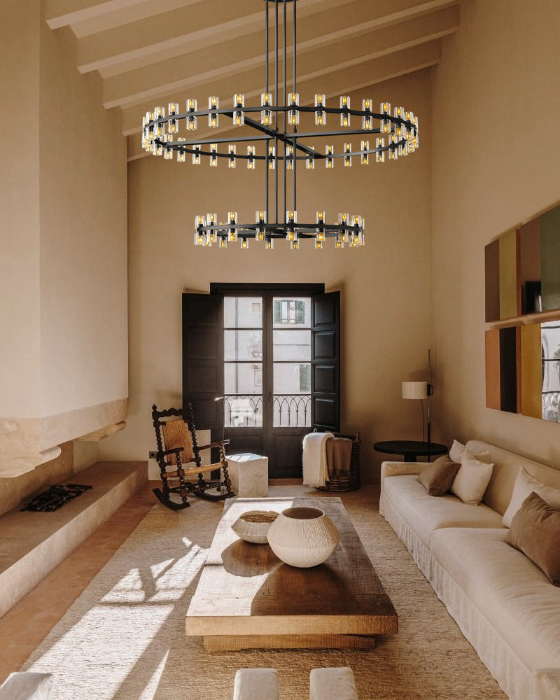 Lacquered Brass/Black Wagon Wheel Arcachon Round Crystal 2 Tier Chandelier For Foyer Entrance