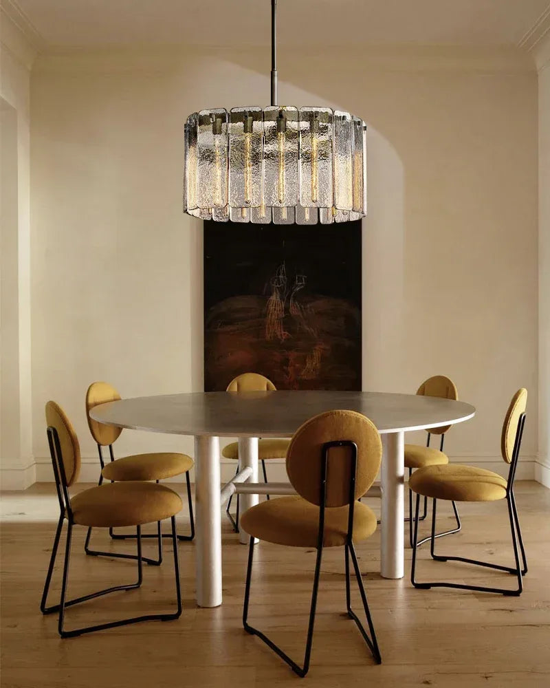Winchester Series Geometric Chandelier | Round Handcrafted Rippled Cast Glass Panels, Lacquered Burnished Brass and Black for Modern Dining Rooms and Living Spaces American chandelier