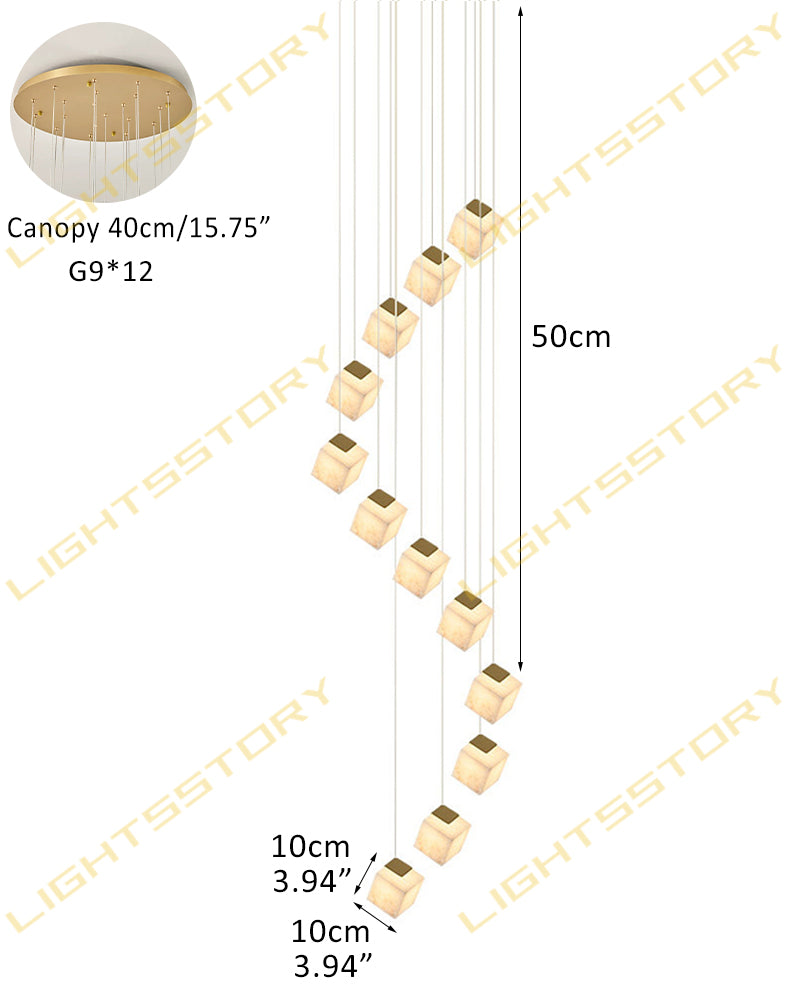 Alabaster Cube Cluster Sculptural Pendant Light - Natural Spanish Alabaster, Lux Gold Trim - Lobby, Foyer, Stairwells and High Ceilings