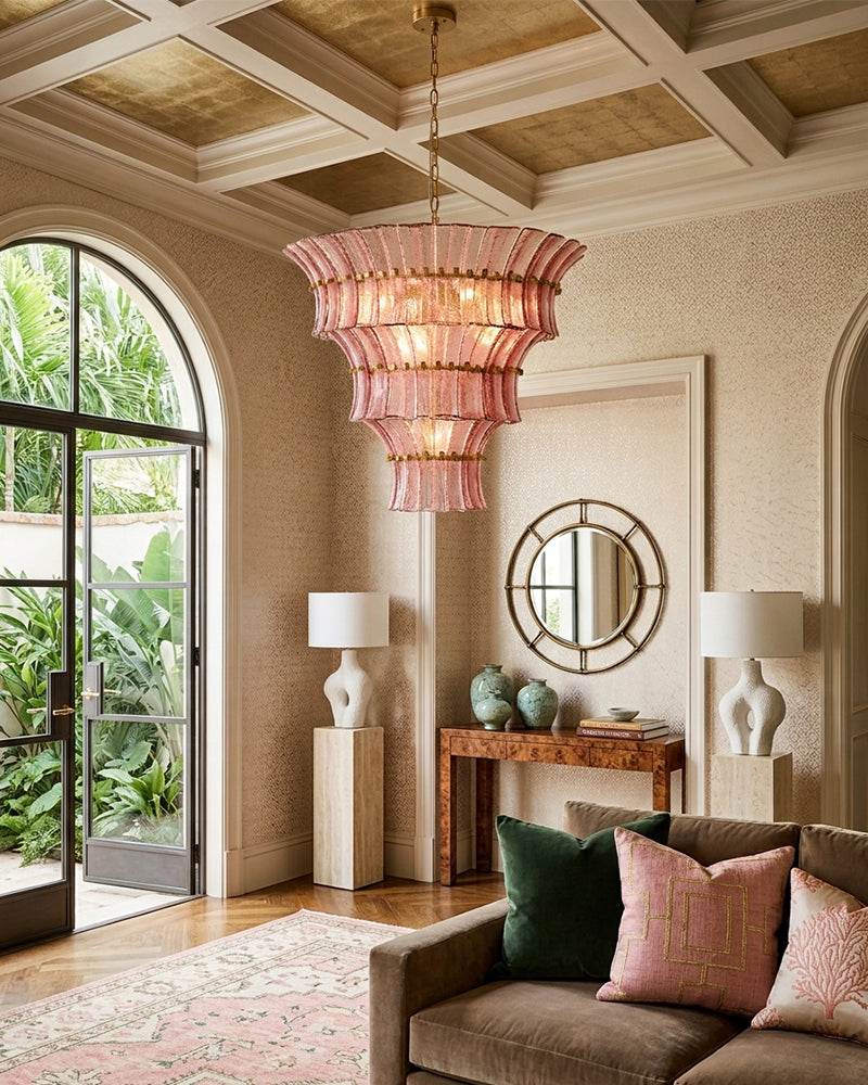 Ghiaccio Glass Blush Pink Prism Multi Tiered Waterfall Chandelier - Heritage Brass Trim - Living Room & Dining Room