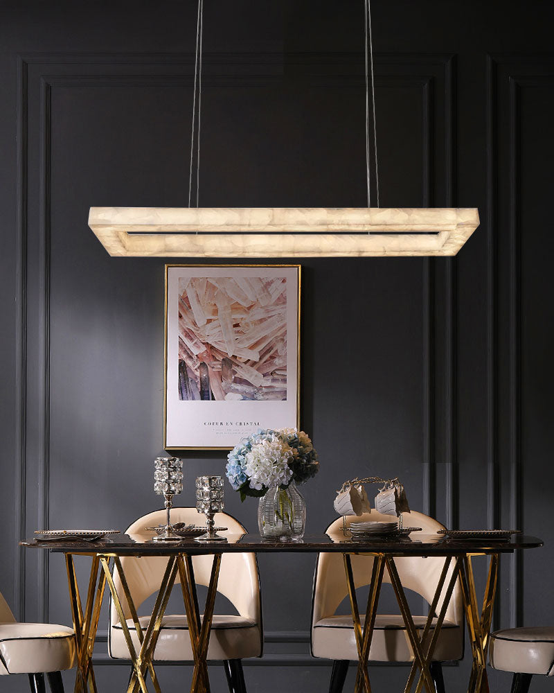 Belleval Alabaster Rectangular Halo Box Frame Linear Pendant Light - Natural Spanish Alabaster Halo, Custom, Serene Matte Trim - Kitchen Islands & Dining Rooms