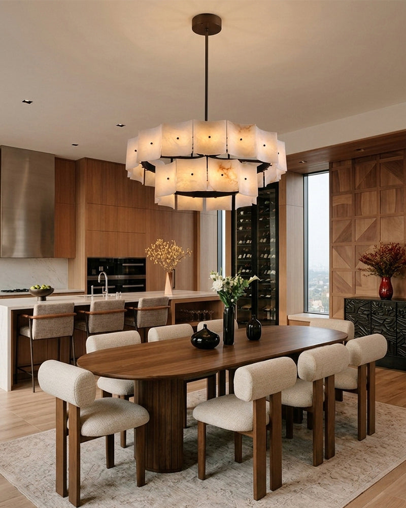 Alabaster Studded Curved Panel Double Tier Drum Chandelier - Natural Spanish Alabaster,  Serene Black Trim - Kitchen, Dining Rooms & Living Rooms